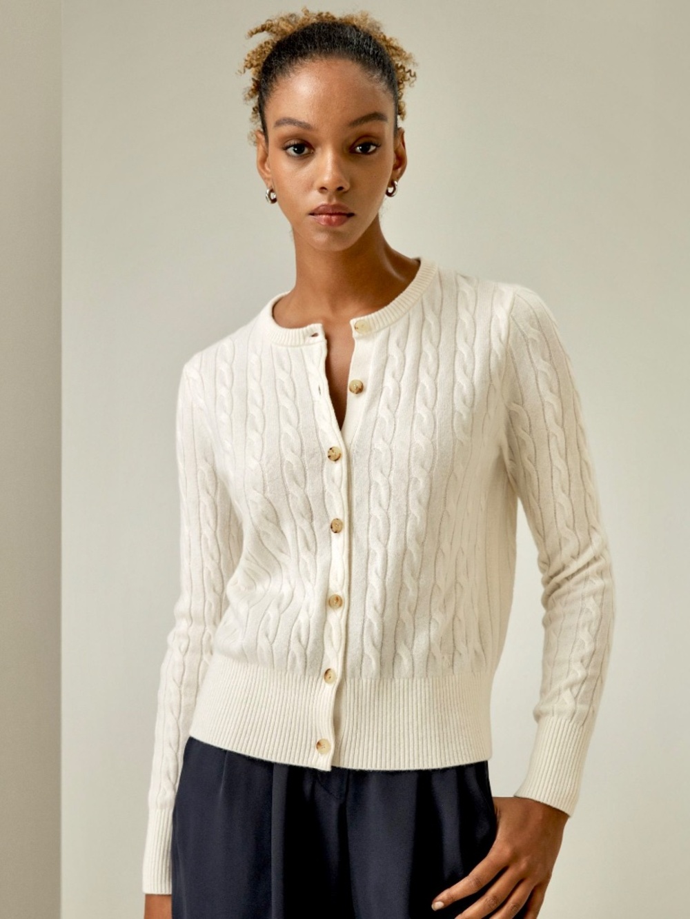 LILYSILK 100% Baby Cashmere Cable Knit Button Cardigan in Ivory - S